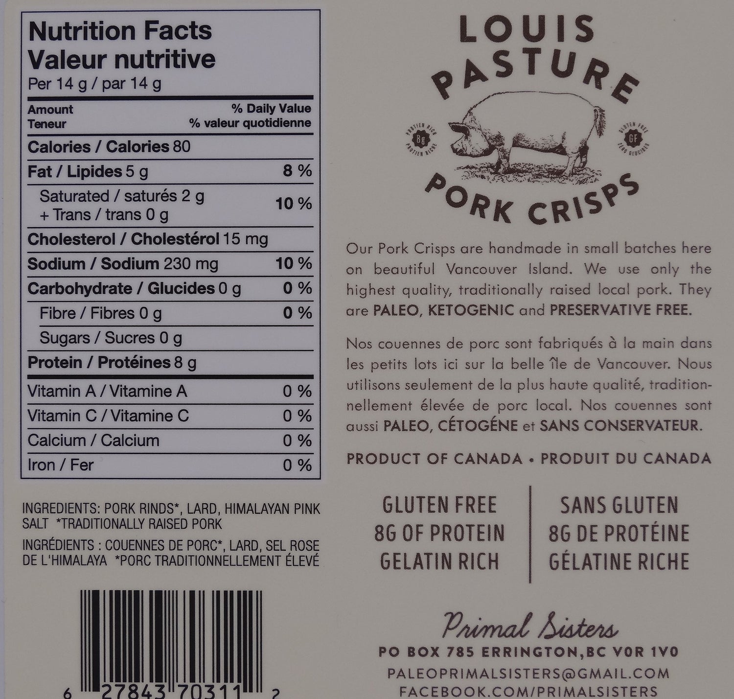 Louis Pasture Original Pork Crisps Nutrition Facts