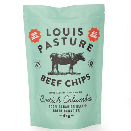Louis Pasture Beef Chips Case of 15, the best value keto paleo carnivore beef snack made with 100% Canadian beef and salt, handmade in British Columbia