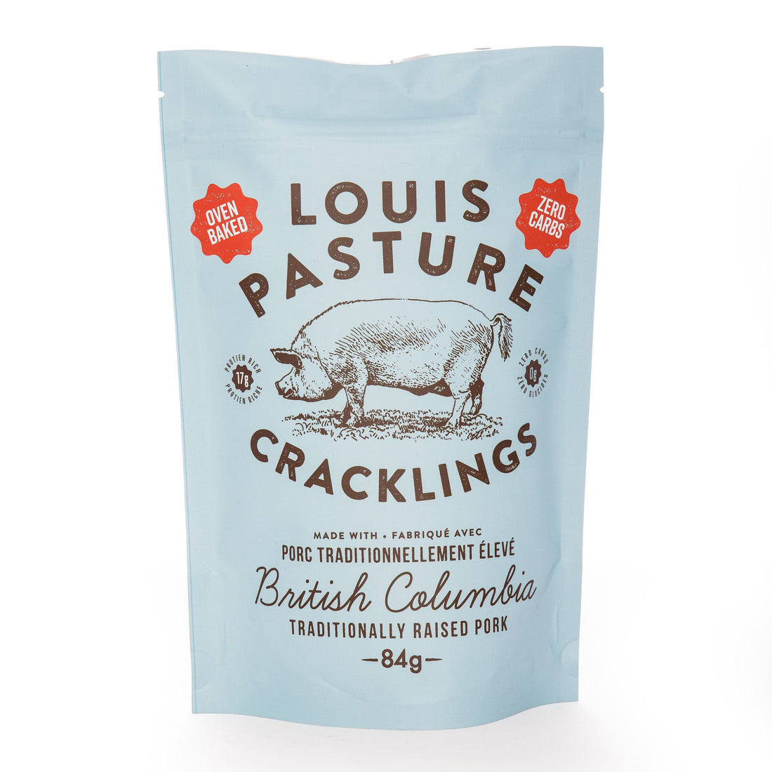 Louis Pasture Pork Cracklings 84g bag, oven baked traditionally raised pork cracklings with 17g protein and zero carbs, the keto paleo carnivore snack handmade in British Columbia