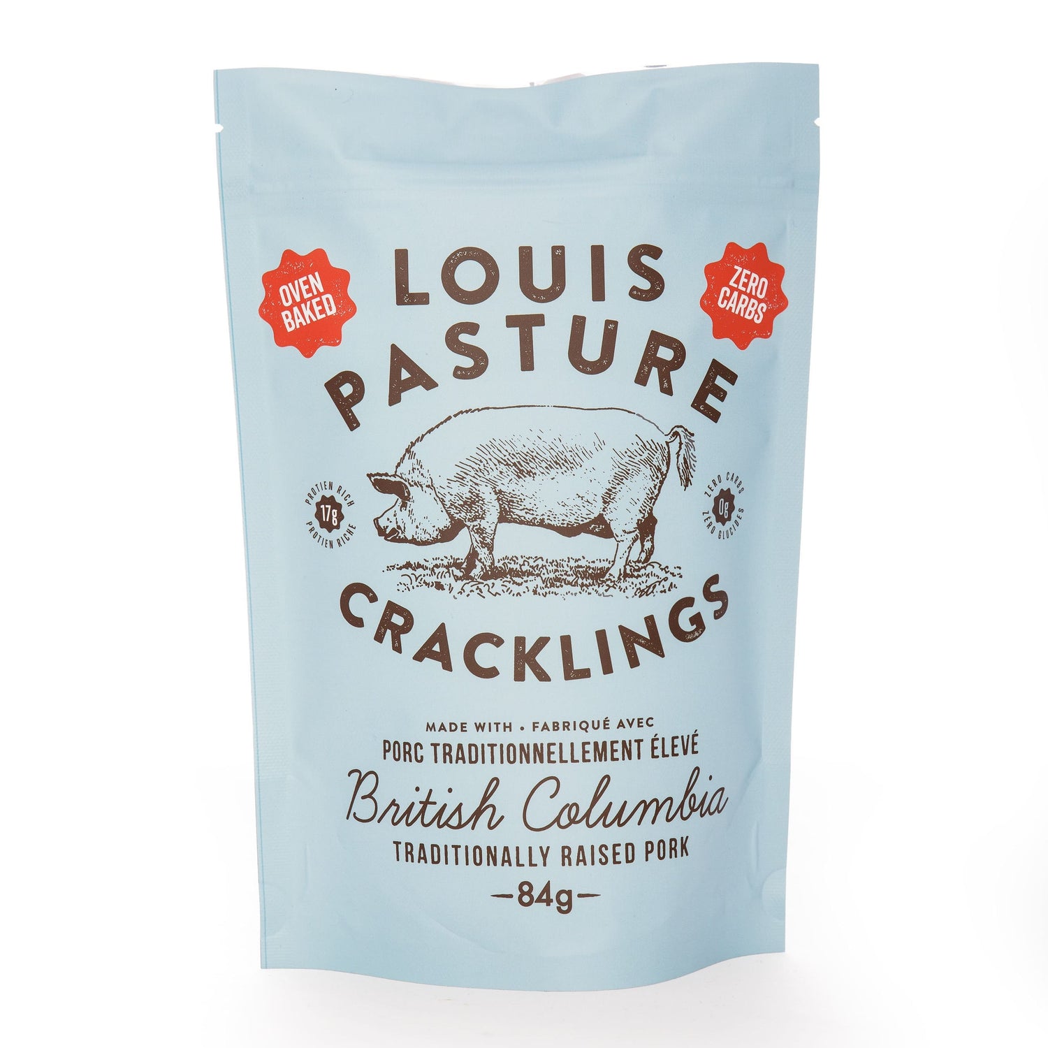 Louis Pasture Pork Cracklings 84g bag, oven baked traditionally raised pork cracklings with 17g protein and zero carbs, the keto paleo carnivore snack handmade in British Columbia