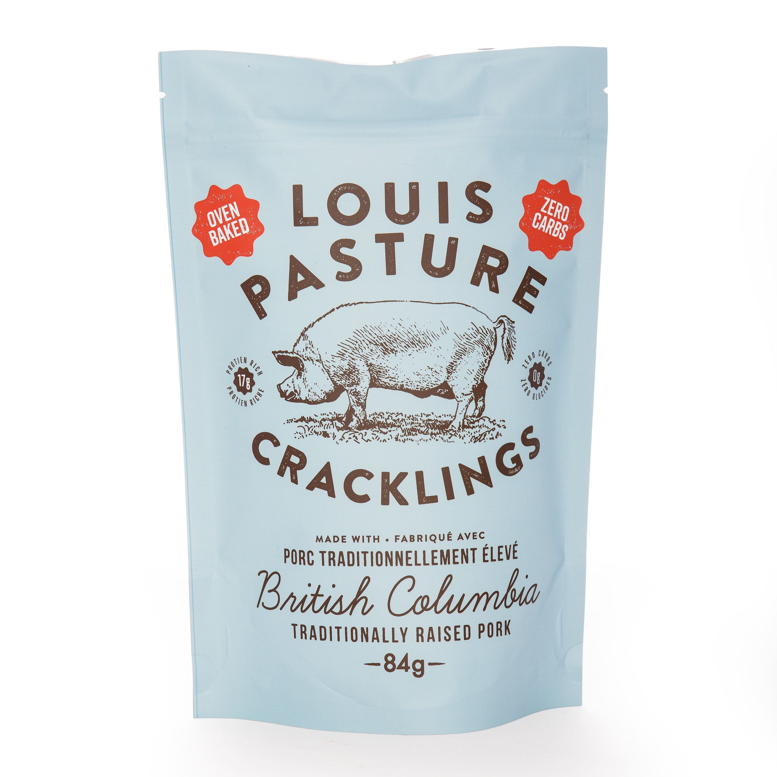 Louis Pasture Pork Cracklings 84g bag, oven baked traditionally raised pork cracklings with 17g protein and zero carbs, the keto paleo carnivore snack handmade in British Columbia