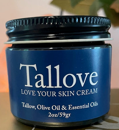 Tallove Tallow Face &amp; Body Cream 2 oz jar showing tallow, olive oil, and essential oils ingredients, natural skincare handmade in British Columbia
