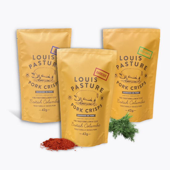 Three Louis Pasture Pork Crisps Bags (Left to right: Original, Barbeque, Dilly)