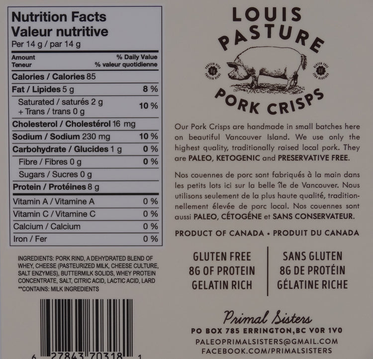 Louis Pasture White Cheddar Pork Crisps Nutrition Facts