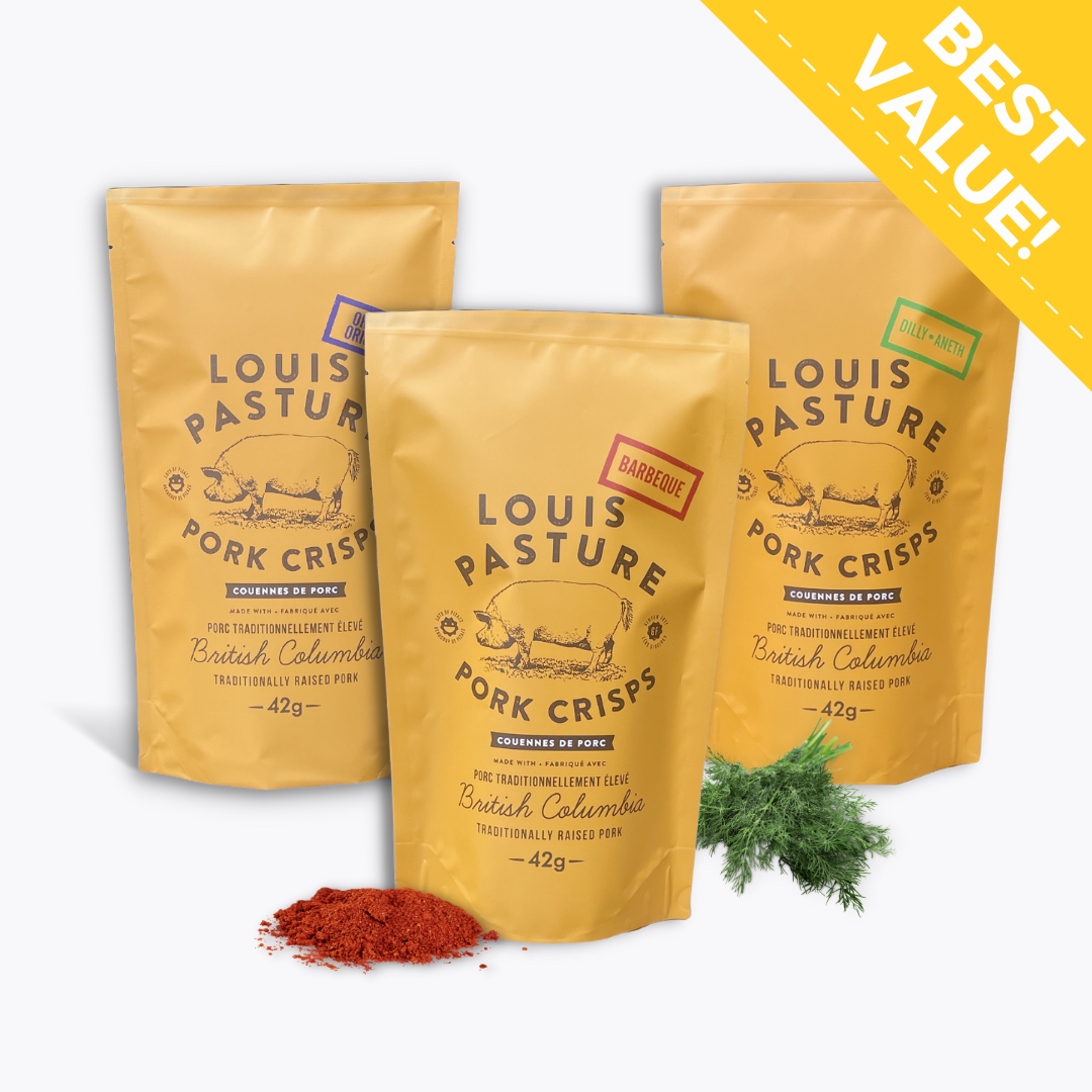 Louis Pasture pork crisps case of 15 bags featuring Original, Barbeque, and Dilly flavours, the best value keto paleo carnivore snack handmade in British Columbia